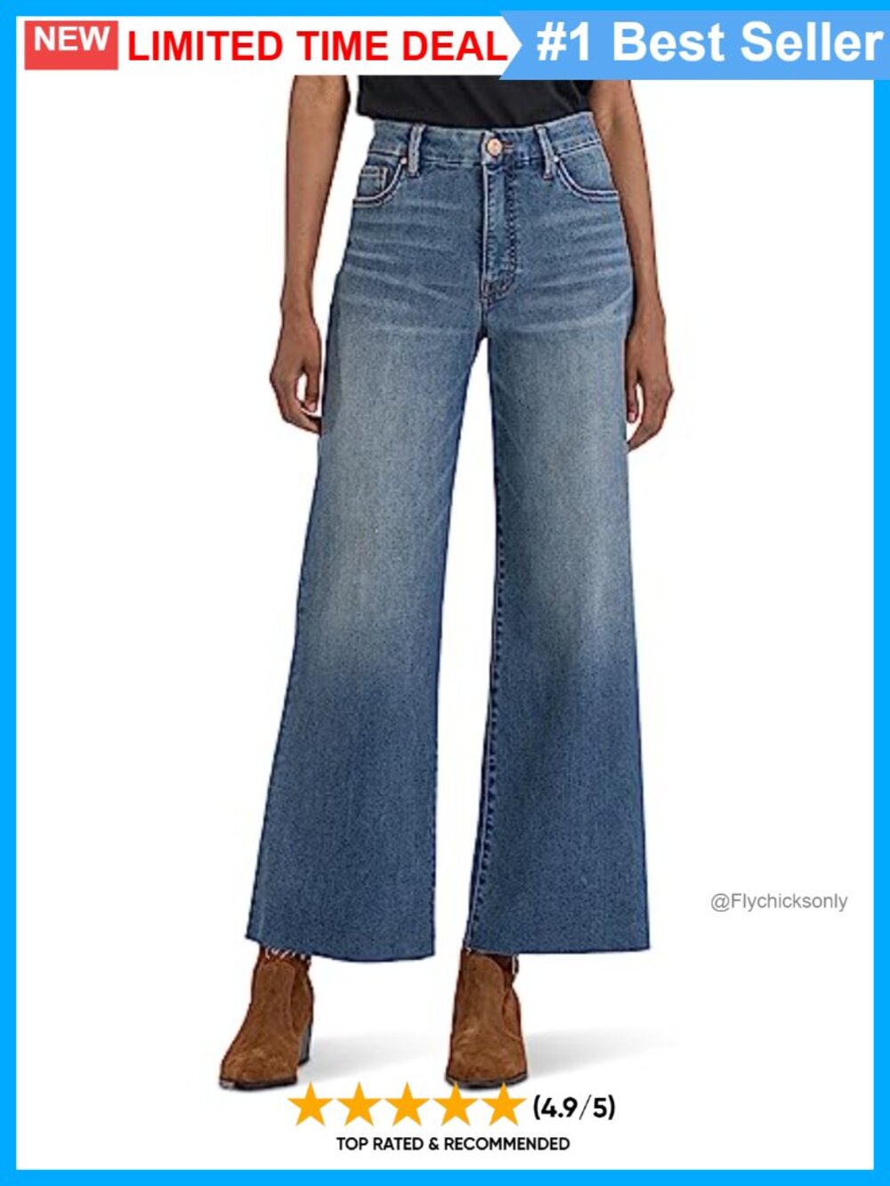High Rise Wide Leg Raw Hem Jeans Stretch Denim Casual